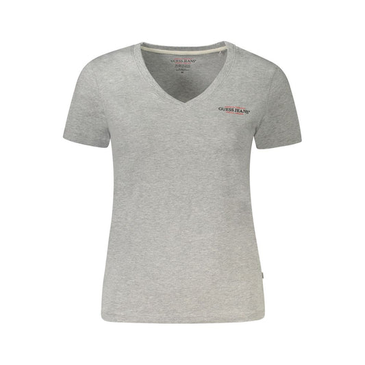 Guess Jeans Gray Cotton Women Top with V-neck and logo print, combining organic cotton and spandex for a chic and comfortable fit.