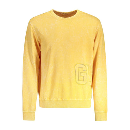 Guess Jeans Yellow Cotton Men Sweater with logo embroidery, crew neck, and long sleeves, showcasing trendy washed effect.