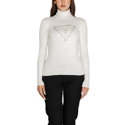 Guess White Viscose Turtleneck on model, showcasing stylish high neck design and triangle logo detail for fashion-forward elegance.