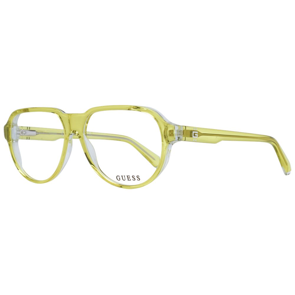 Guess Yellow Men Glasses Frame, full-rim aviator style, yellow plastic frame, 56-14-145, spring hinge, includes branded case.
