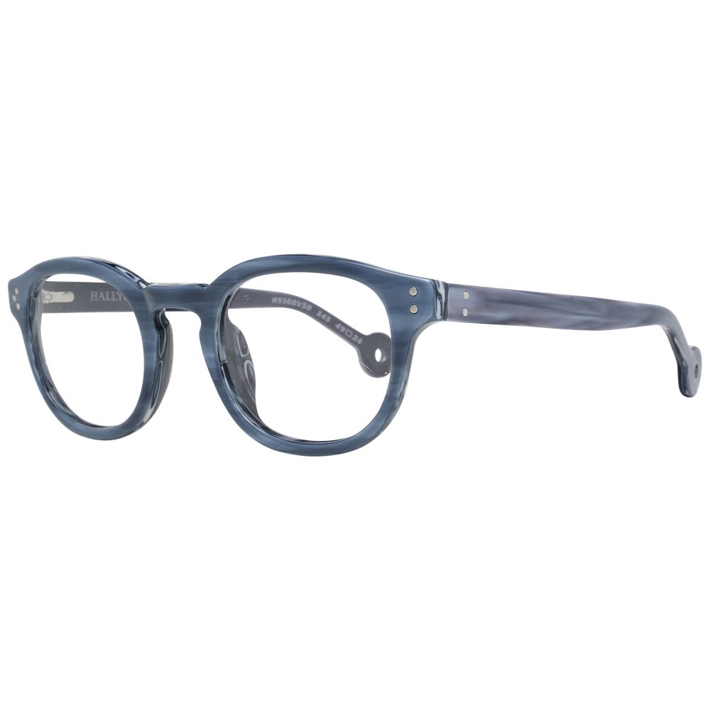 Hally & Son Blue Unisex Glasses Frame, full-rim round style, plastic material, demo lenses, 49-24-145 size, with branded case.
