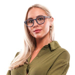 Model wearing Hally & Son Blue Unisex Glasses Frame, round full-rim plastic frame, size 49-24-145, with blue demo lenses.