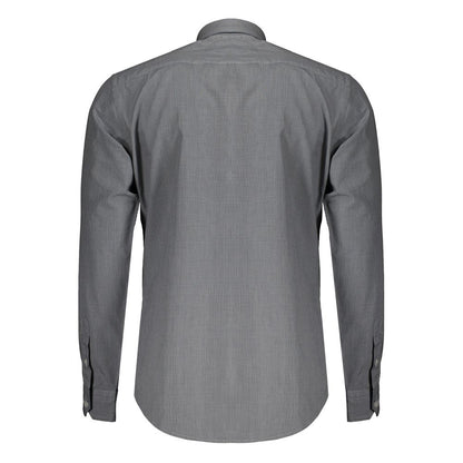 Back view of Harmont & Blaine Blue Cotton Shirt, checked long sleeve, narrow fit, French collar, featuring organic cotton fabric.