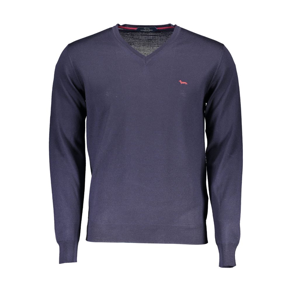 Harmont & Blaine Blue Wool Men Sweater with V-neck and long sleeves, showcasing the brand's iconic logo, crafted in Italy.