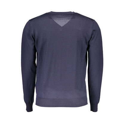 Back view of Harmont & Blaine Blue Wool Men Sweater showing V-neck design and long sleeves.