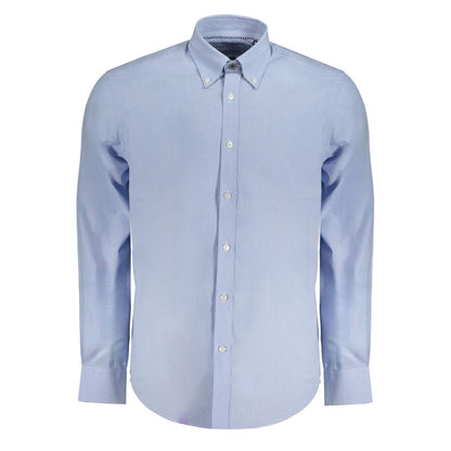 Harmont & Blaine Light Blue Cotton Men Shirt with button-down collar and checked long sleeves.