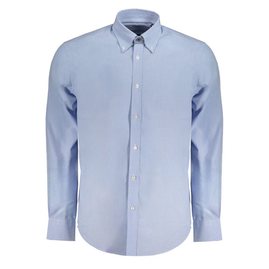 Harmont & Blaine Light Blue Cotton Men Shirt with button-down collar and checked long sleeves.