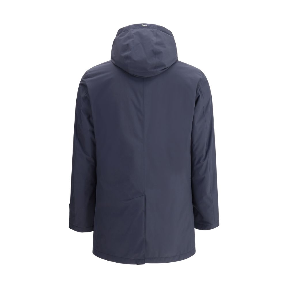 Herno Blue Goose Down Coat with removable hood and back slit for freedom of movement, perfect for cold weather.