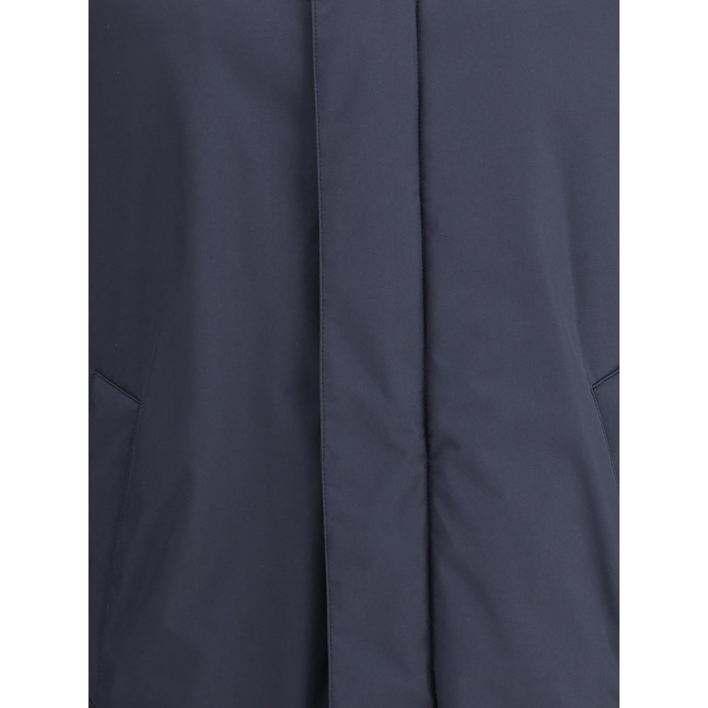 Close-up of Herno Blue Goose Down Coat showing technical material and design features.