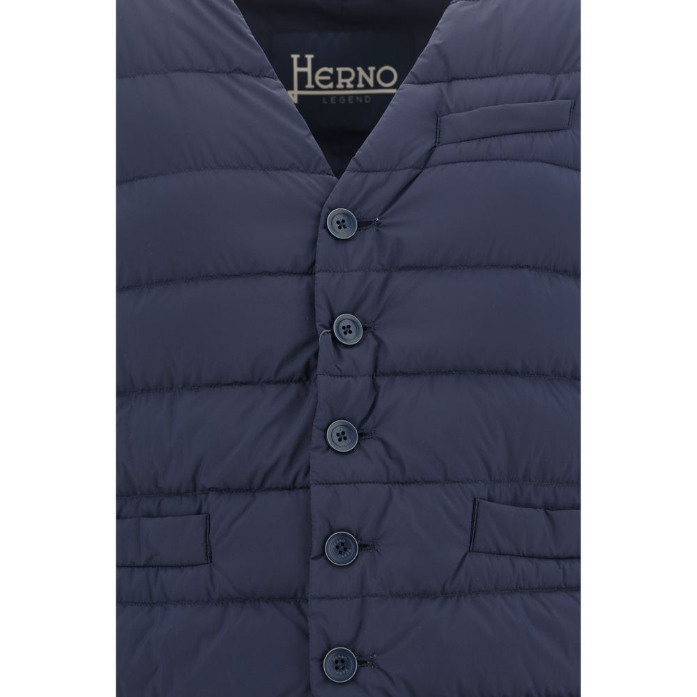 Herno Blue Polyamide Sleveless Jacket with v-neck, button closure, quilted design and adjustable waistband, front view.