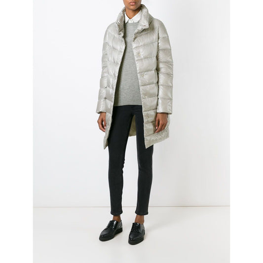Stylish Herno Coats Light Grey, padded Dora long down jacket shown, perfect for modern winter fashion.