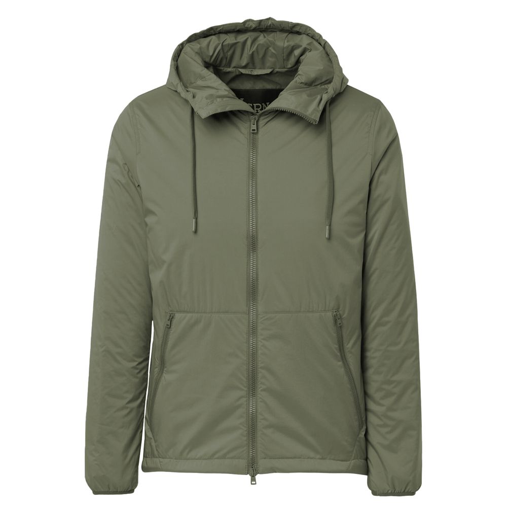 Herno Green Polyamide Jacket with hood, front zips, internal zip pockets, elasticated cuffs, and drawstring waist.