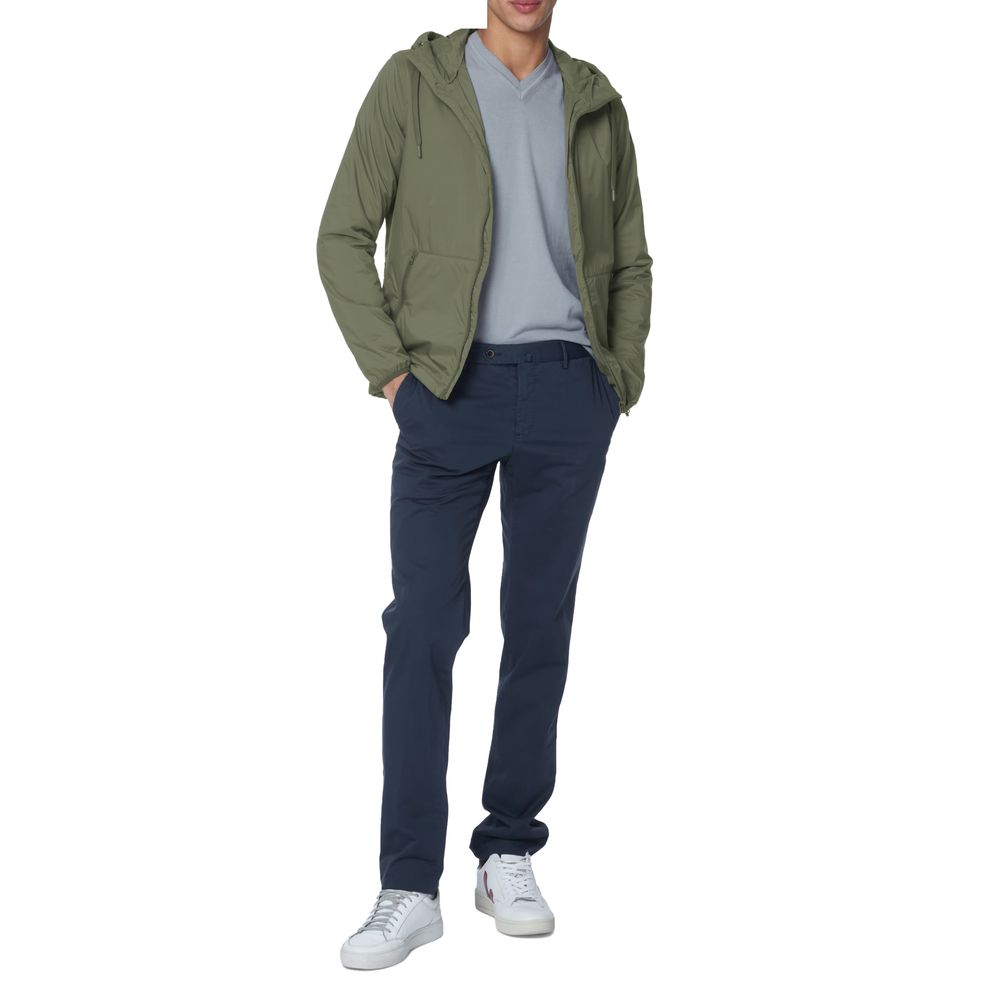 Herno Green Polyamide Jacket with hood, front zips, elasticated cuffs, drawstring waist, worn casually with pants and sneakers.