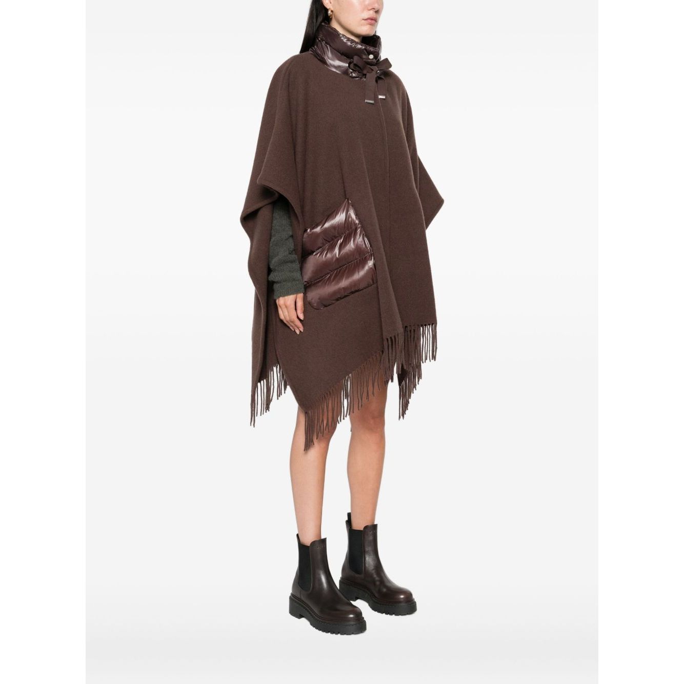 Herno Jackets Brown - Brown fringed wool poncho with quilted pockets, drawstring high neck, fringe trim, size length 105 cm.