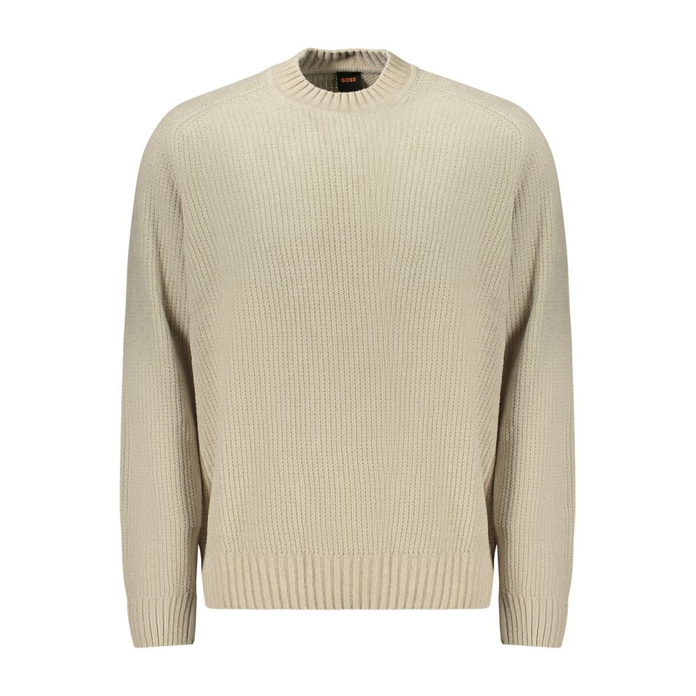 Hugo Boss Beige Cotton Sweater with logo, long sleeve chenille fabric, and crew neck design. Stylish and comfortable sweater for men.