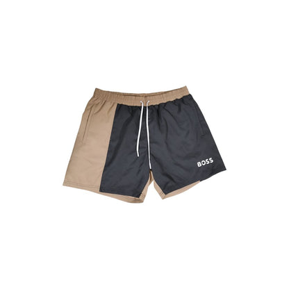 Hugo Boss Beige Polyester Swim Briefs with black panel and Boss logo, perfect for beach activities, shown with comfortable elastic waistband.