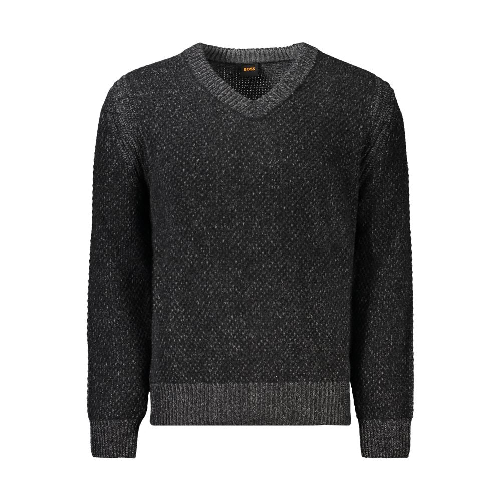 Hugo Boss Black Wool Men Sweater, V-neck with contrast details and iconic logo, 80% wool for warmth and style.