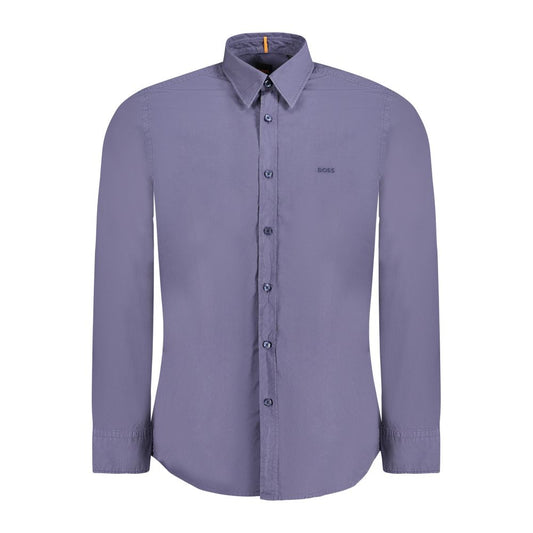 Hugo Boss Blue Cotton Men Shirt with Italian collar and 1-button cuffs, long-sleeve, regular fit