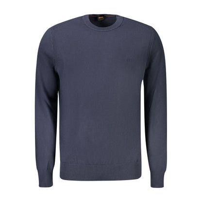 Hugo Boss Blue Cotton Sweater with long sleeves, crew neck, and embroidered logo