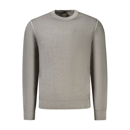 Hugo Boss Gray Wool Mens Sweater, crew neck with embroidery, perfect for sophisticated, luxurious style and warmth.