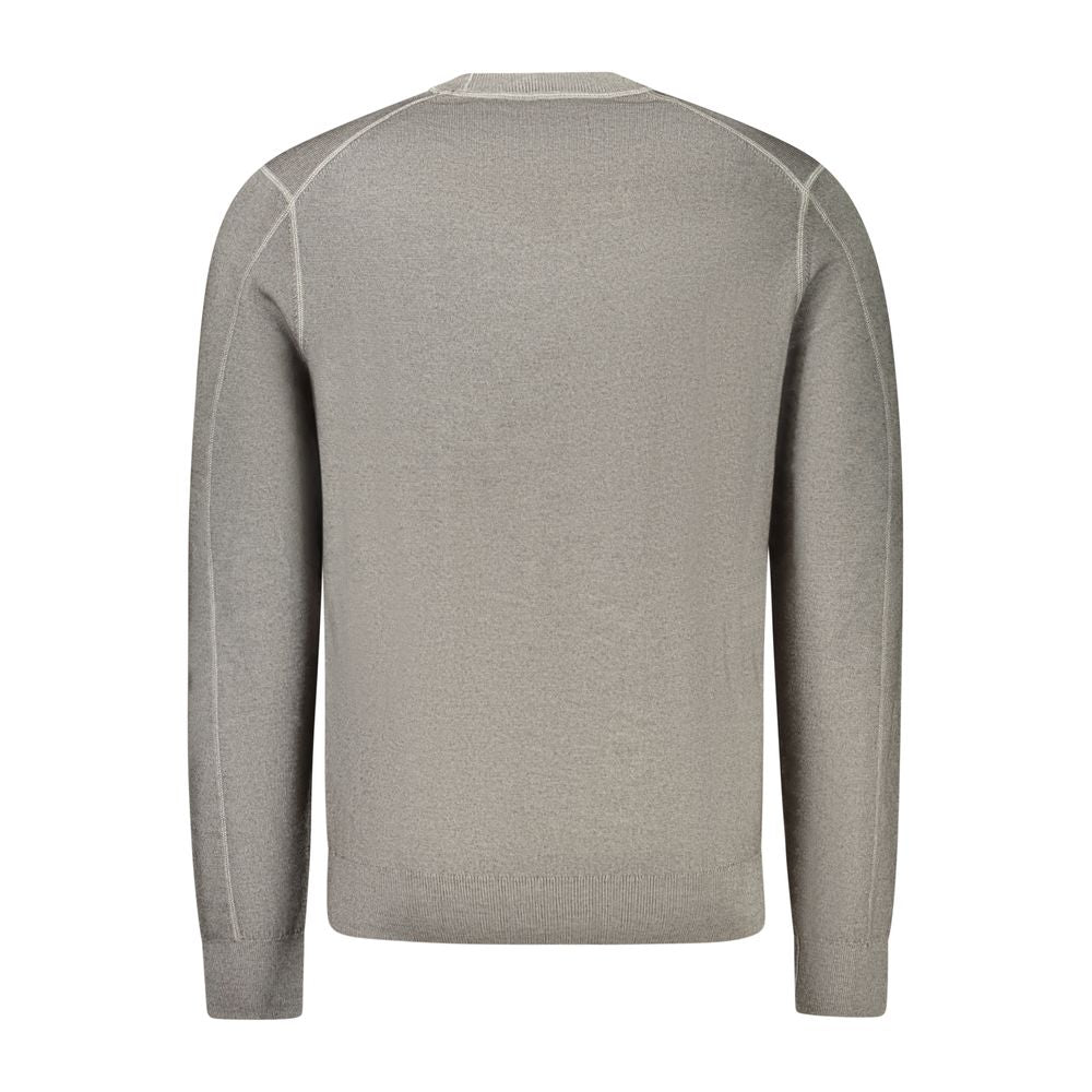 Back view of Hugo Boss Gray Wool Mens Sweater, showcasing fine craftsmanship and luxurious 100% wool material for ultimate style and comfort.