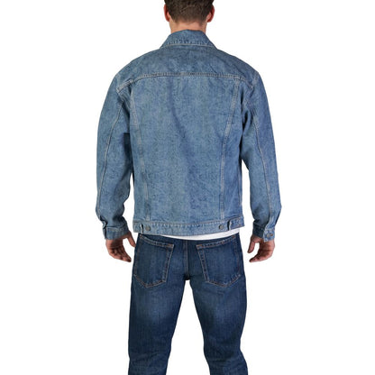 Back view of Hugo Boss Light Blue Cotton Denim Jacket on model showcasing fit and design details
