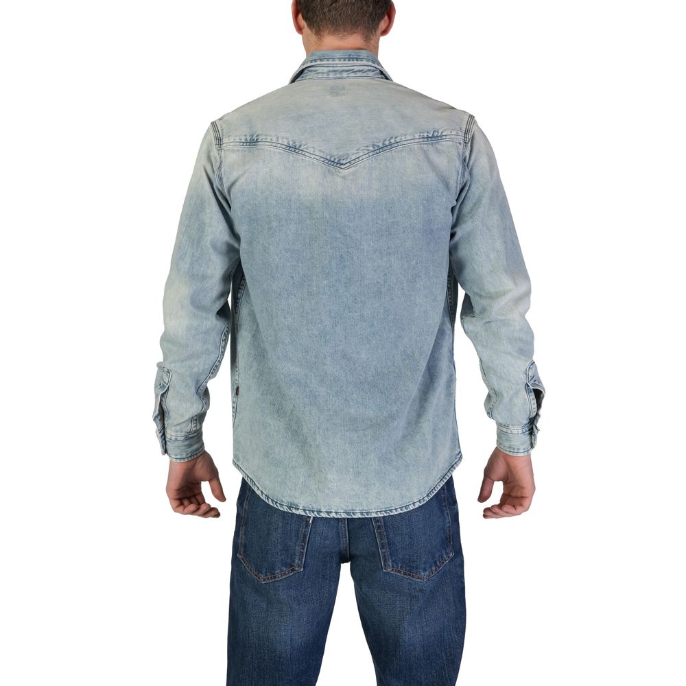 Back view of Hugo Boss Light Blue Denim Shirt with long sleeves and contrast stitching for men.