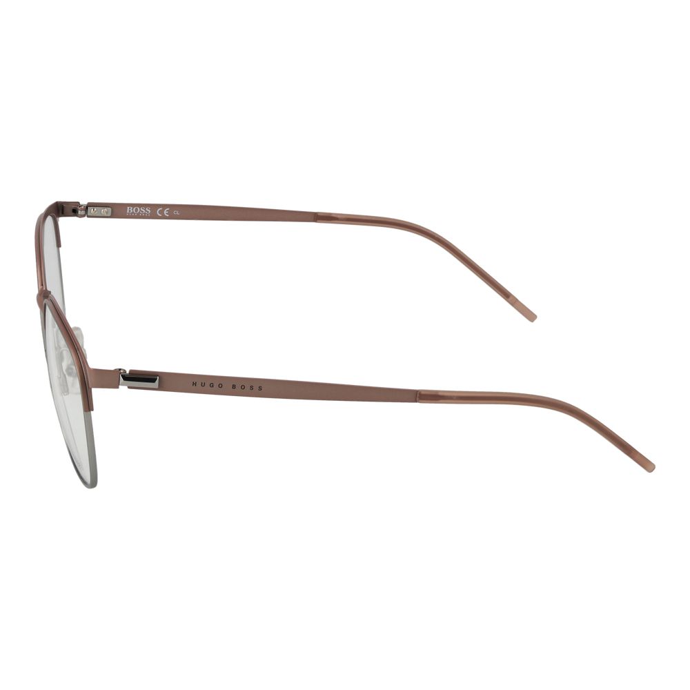 Side view of Hugo Boss Pink Women Glasses Frame in rose stainless steel with full-rim design and demo lenses, size 53-17-145.