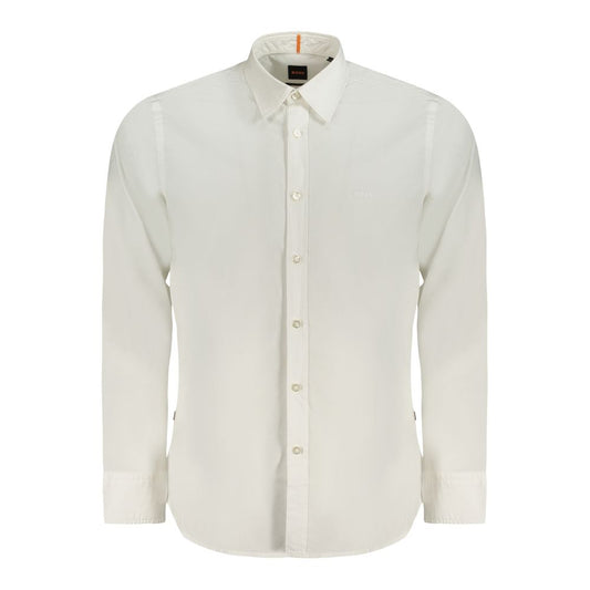 Hugo Boss White Cotton Men Shirt with Italian collar and logo embroidery, long sleeve, regular fit for a sophisticated look
