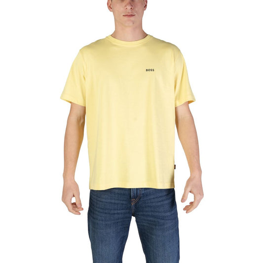 Hugo Boss Yellow Cotton T-Shirt with embroidered BOSS logo, short-sleeve, crew neck, regular fit, worn by a male model for stylish look
