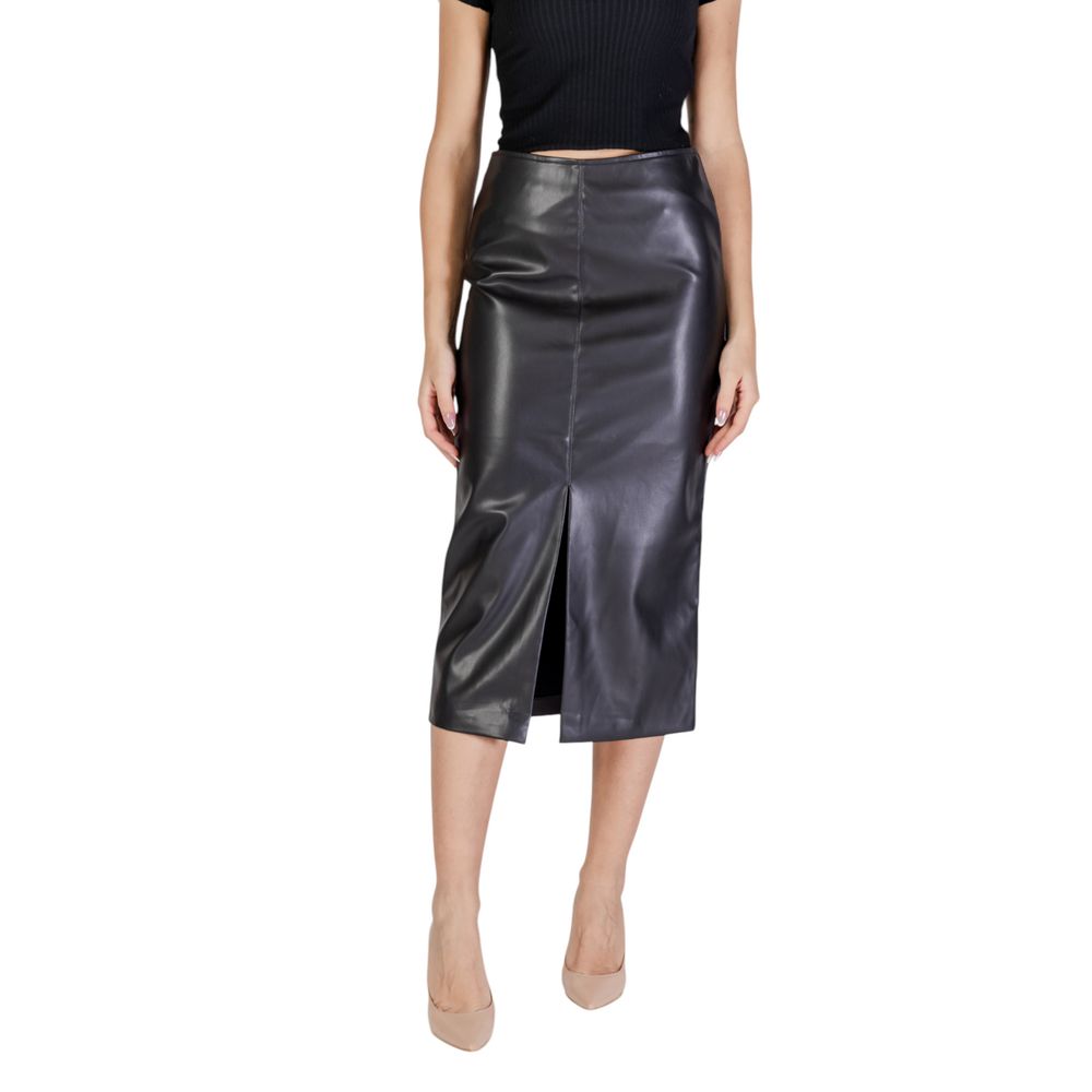 ICHI Black Polyester Long Skirt with leather-effect finish, high-waisted design, and front slit for a modern, elegant look.