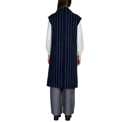 Back view of ICHI Blue Polyester Sleeveless Jacket with pinstripe design, showcasing longline cut and elegant silhouette for women.