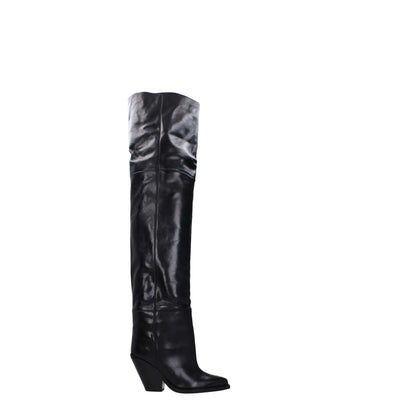 Isabel Marant Black Leather Over The Knee high heel boots with square toe and 9.5 cm heel.