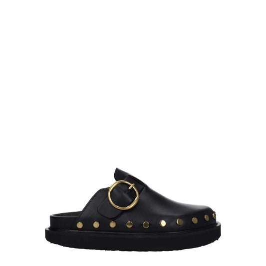 Isabel Marant Black Leather Slippers with gold studs, buckle closure, round toe, and rubber sole, style vintage effect.