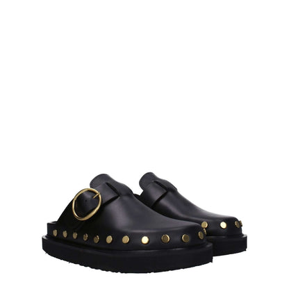 Isabel Marant Black Leather Slippers with studs and gold buckle, vintage style, low flat heel and rubber sole, MPN ML0009FAA3B19SBKGO.