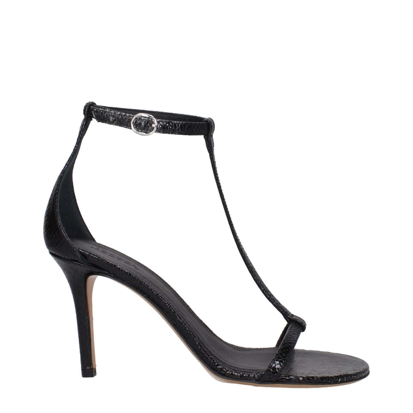 Isabel Marant Black Leather Stiletto Heel Sandals with buckle closure, open toe, and 8.5 cm heel height.