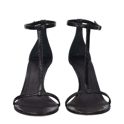 Isabel Marant Black Leather Stiletto Heel Sandals with buckle closure and python print, featuring an open toe and 8.5 cm high heel.
