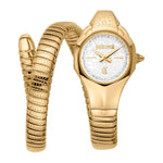 Gold stainless steel SS IP JUST CAVALLI Mod. SNAKE wristwatch for ladies with quartz movement, 22mm case, and official packaging.