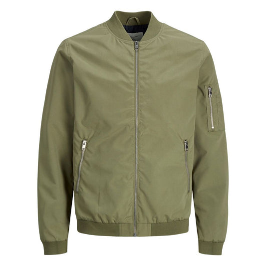 Jack Jones Green Polyester Jackets & Coat, JJERUSH bomber jacket for men, lightweight and versatile, with zip closure and pockets.