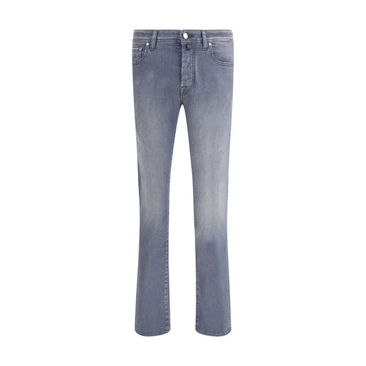 Jacob Cohen Gray Cotton Slim Fit Jeans with five-pocket design and tailored style for comfort.