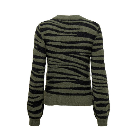 Jacqueline De Yong Green Nylon Sweater with animal print design, crew neck, perfect for autumn fashion, made from nylon, viscose, and polyester.
