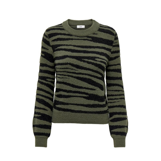 Jacqueline De Yong Green Nylon Sweater with animal print, crew neck, and regular cut, perfect for casual and trendy autumn looks.