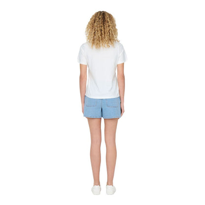 Back view of model wearing Jacqueline De Yong White Cotton T-Shirt, casual summer outfit with denim shorts.