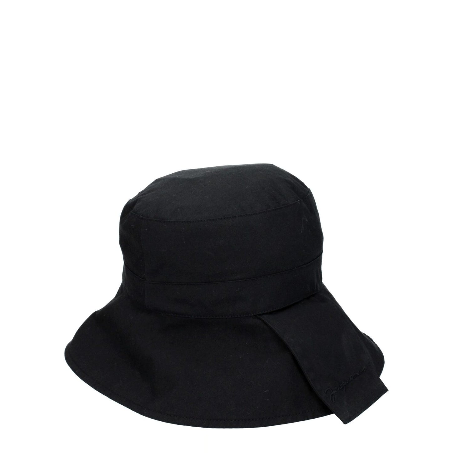 Jacquemus Black Cotton Bucket Hat with vintage effect, casual style, made of 75% cotton, shown in solid black color.