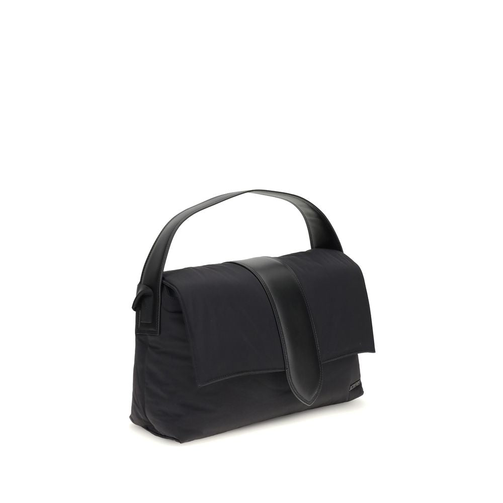 Jacquemus Black Nylon Shoulder Bag with padded design and leather handle, showcasing modern style and practicality.
