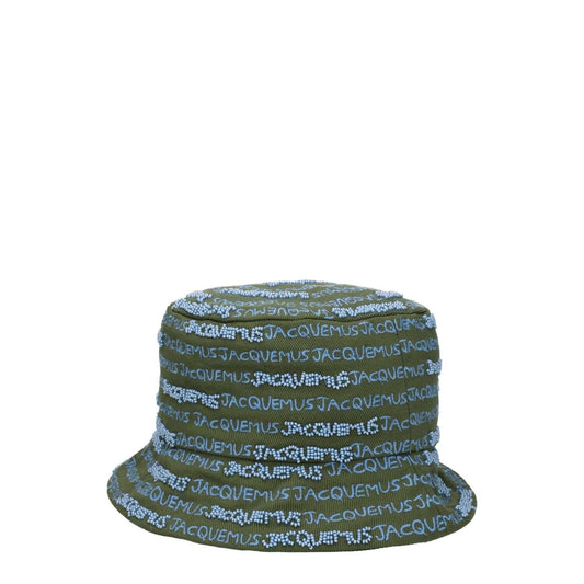 Jacquemus Green Cotton Bucket Hat with logo and beaded embellishments.