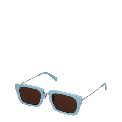 Jacquemus Light Blue Acetate Sunglasses with square frame, silver arms, and dark lenses, includes protective case.
