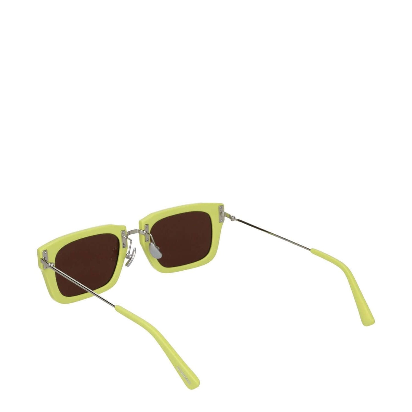 Jacquemus Yellow Acetate Sunglasses with dark lenses, square frame, silver accents, and protective case included.
