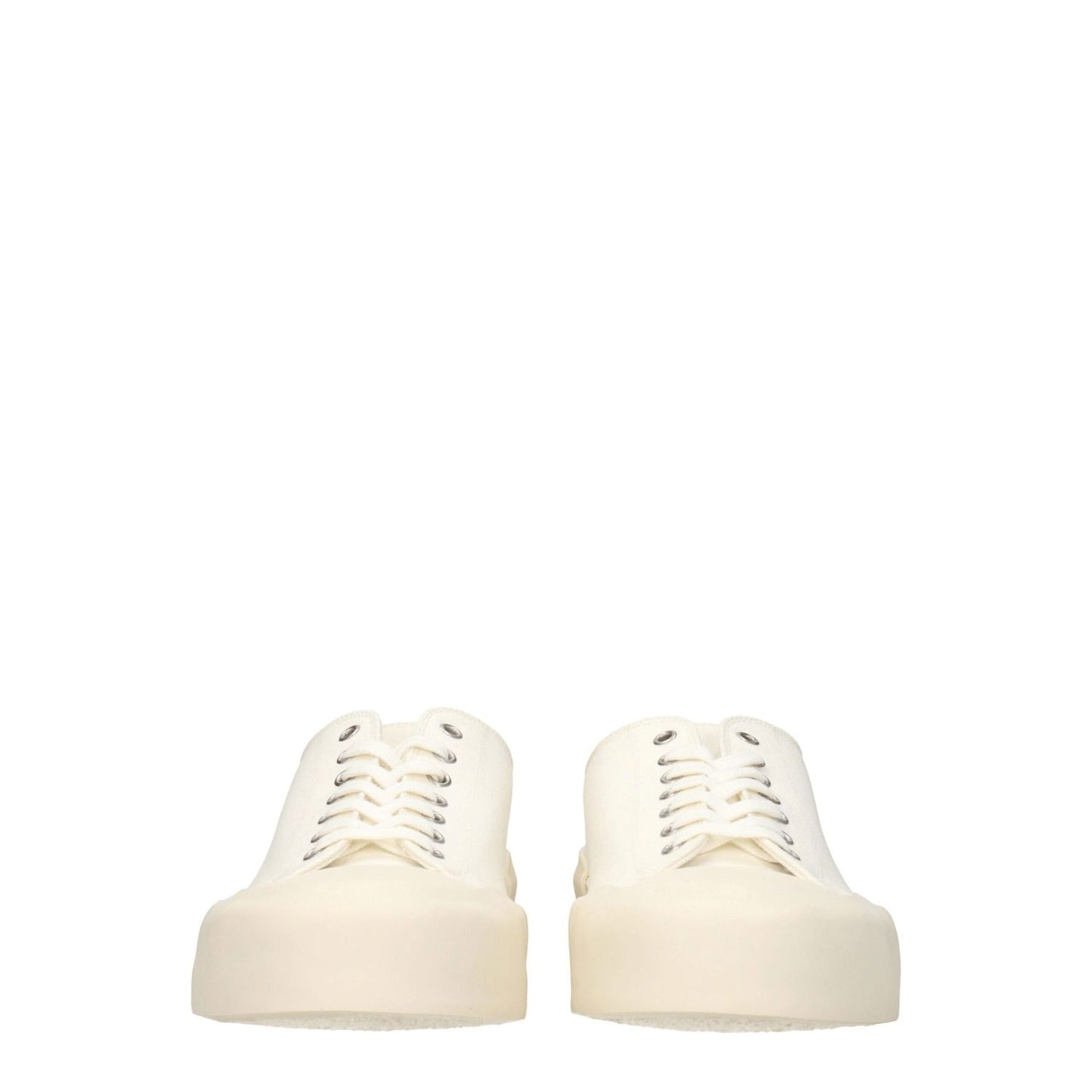 Jil Sander Beige Fabric Low Top Sneakers with lace-up closure and rubber sole, featuring back logo and round toe design.