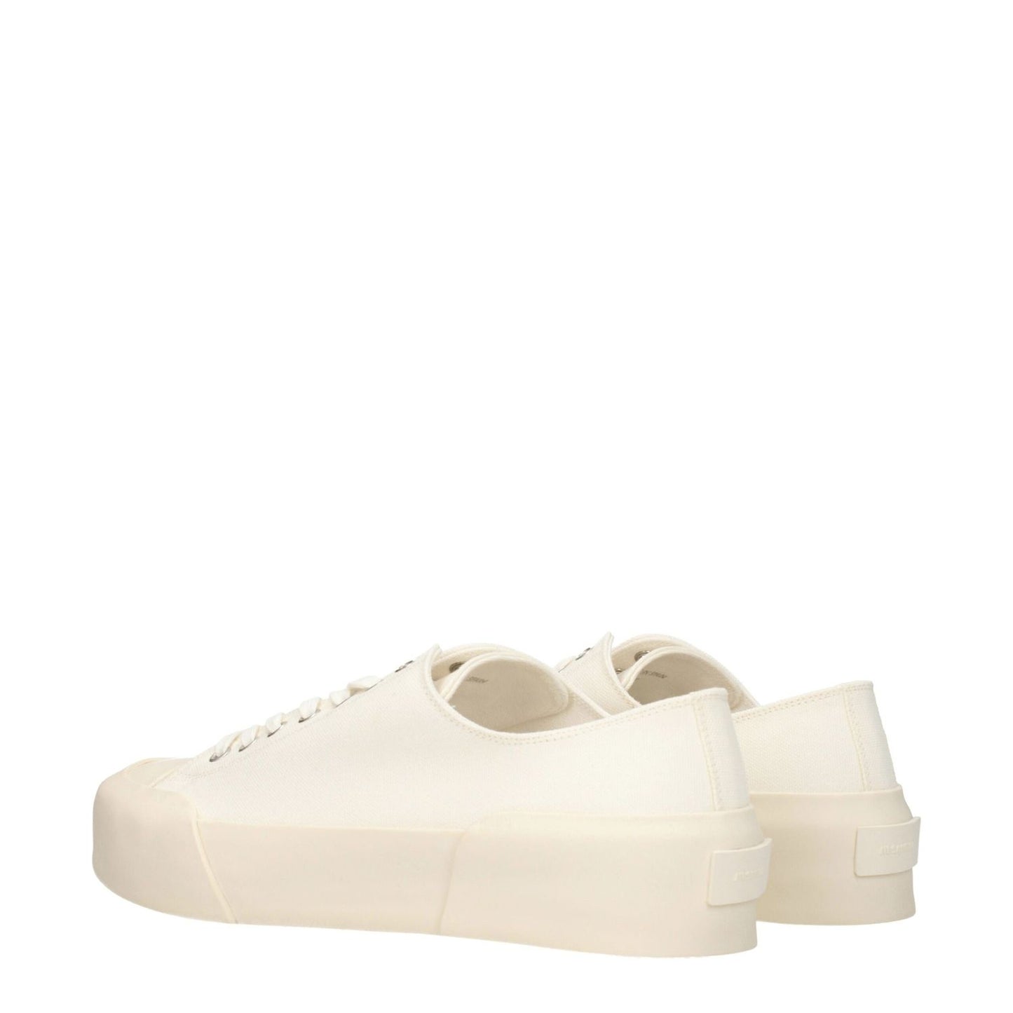 Jil Sander Beige Fabric Low Top Sneakers with rubber sole and round toe, featuring a back logo, lace-up closure, and sporty glam style.